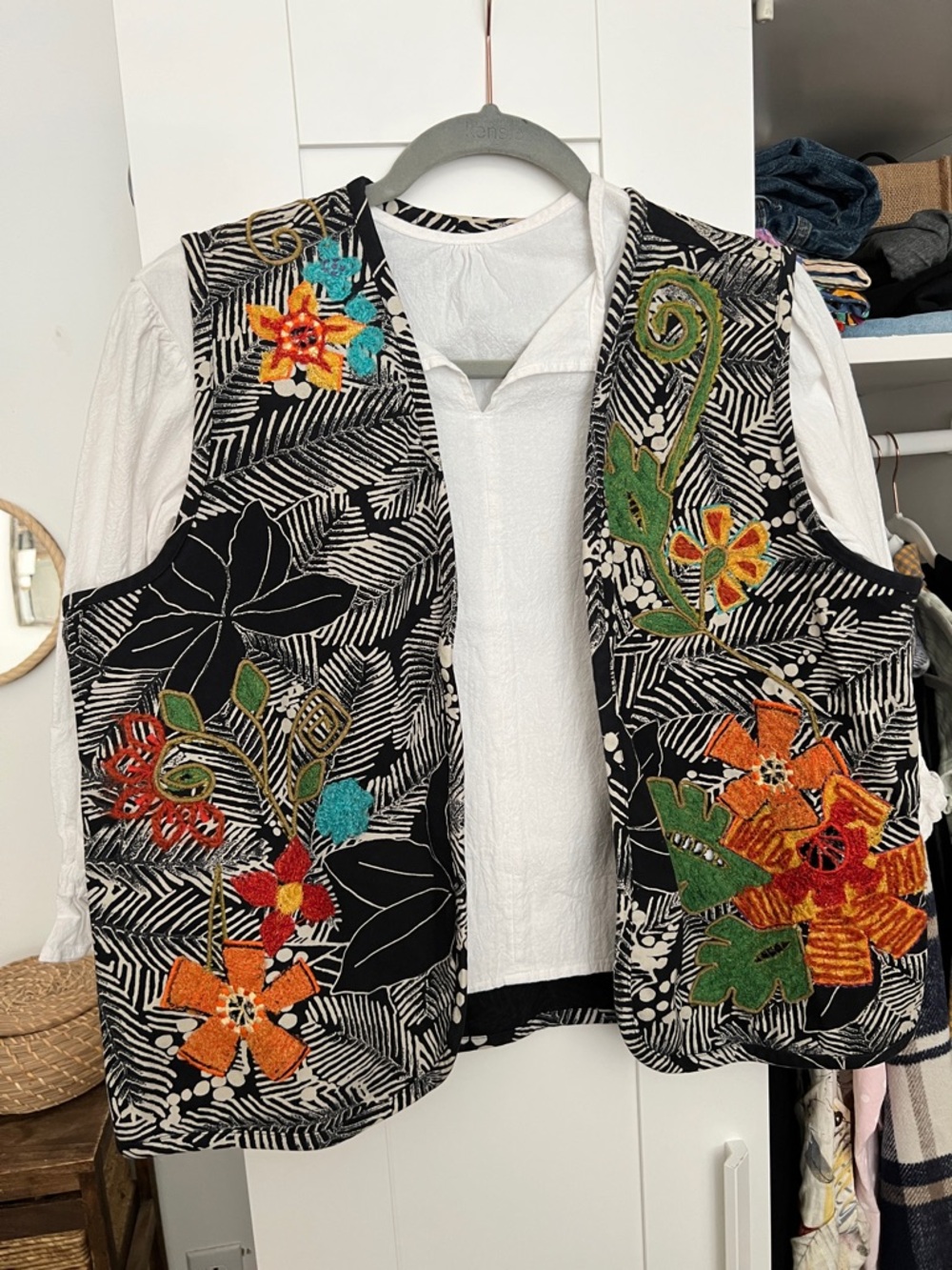 Chico's Black Embroidered Floral Vest with Orange & Green Accents